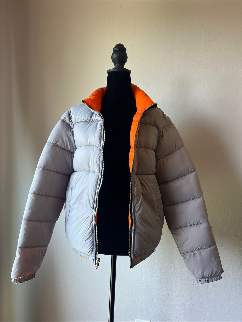 Reversible Light Gray Puffer Jacket with Orange Lining